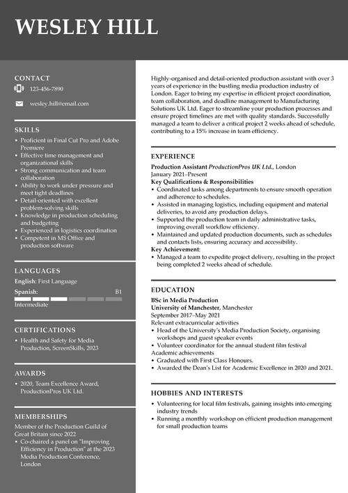 production assistant CV example