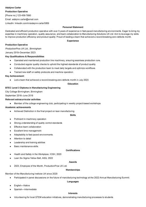 production operative CV example