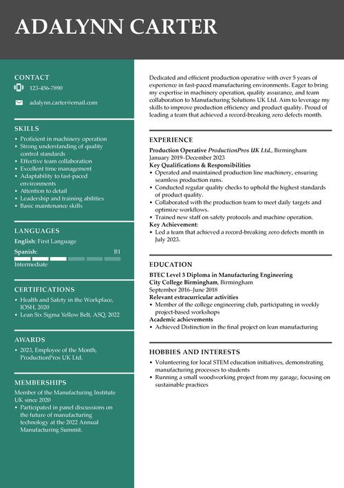 production operative CV example