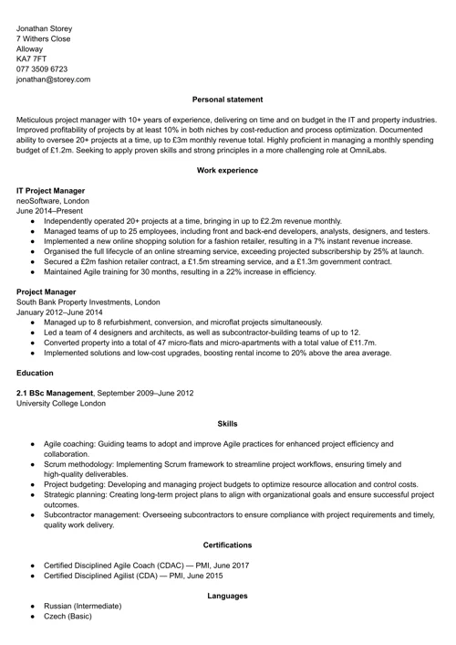 project manager CV example