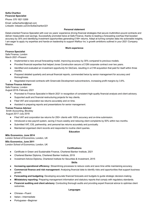 CV sample highlighting promotion