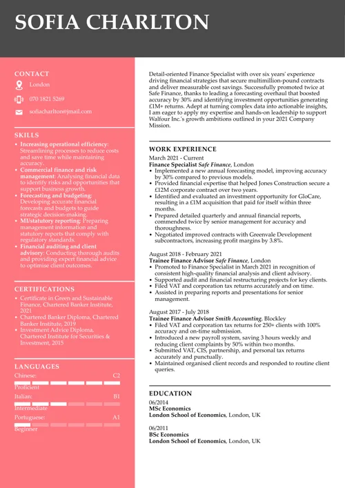 CV sample highlighting promotion