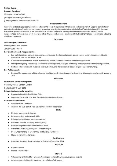 property developer CV example