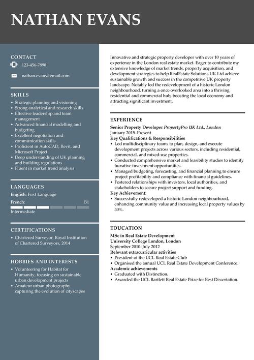 property developer CV example