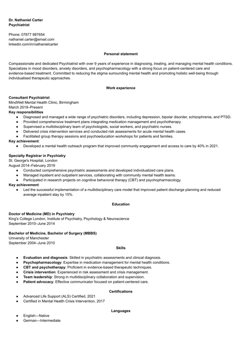Psychiatrist CV example