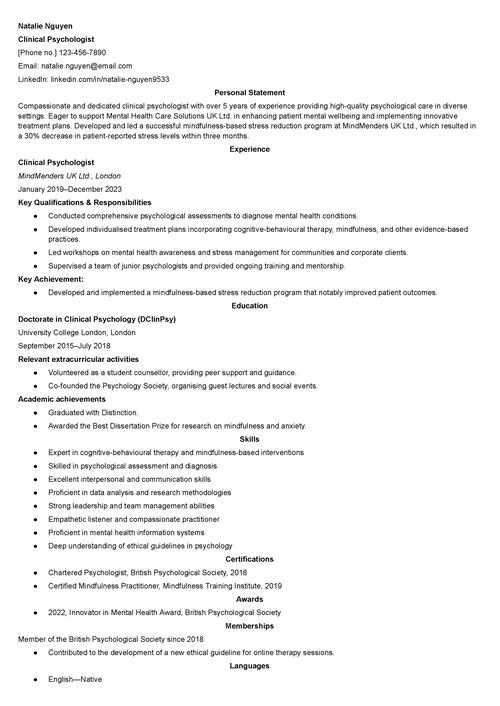 psychologist CV example