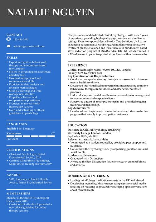 psychologist CV example