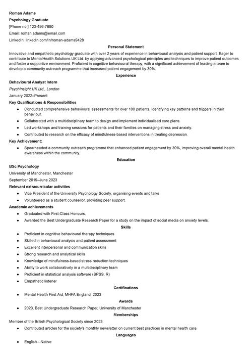 psychology graduate CV example