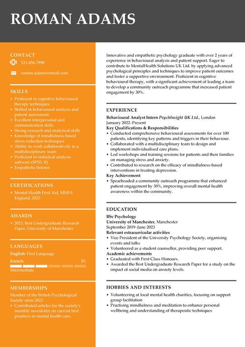 psychology graduate CV example