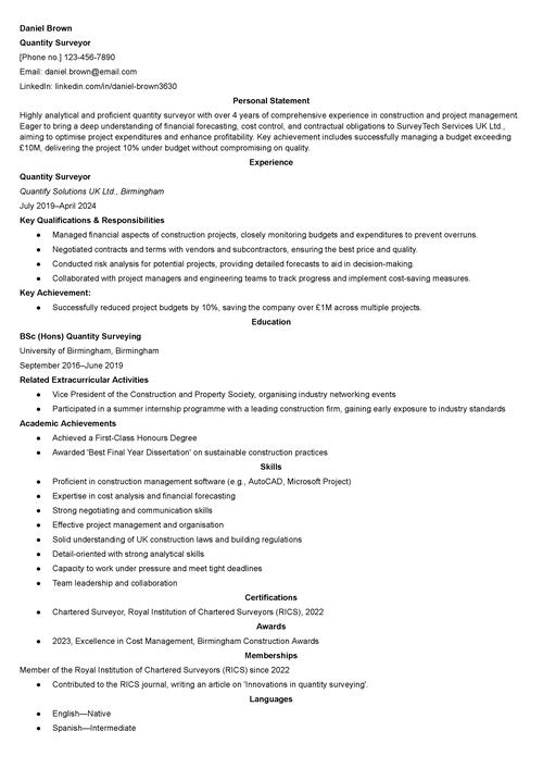 quantity surveyor CV example