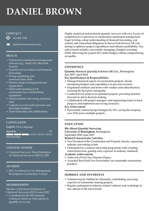 quantity surveyor CV example