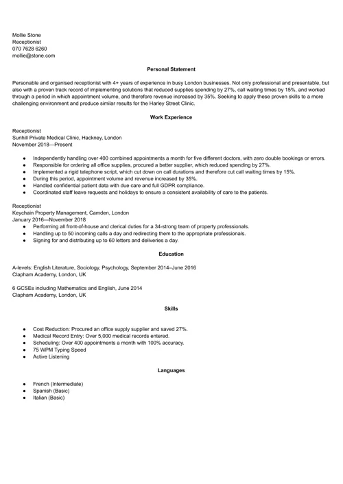 Receptionist CV example
