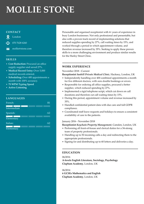 Receptionist CV example