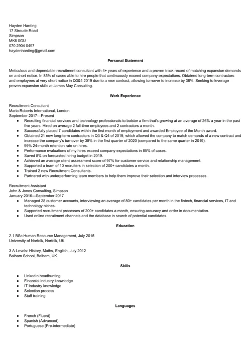 Recruitment Consultant CV Example