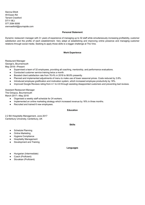 Restaurant manager CV example