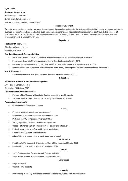 restaurant supervisor CV example