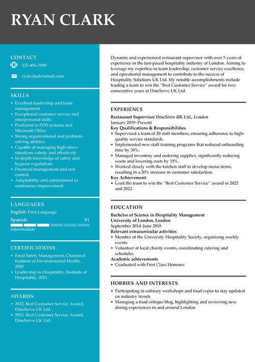 restaurant supervisor CV example