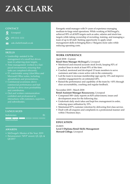 Retail manager CV example