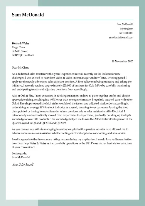 sales assistant cover letter example