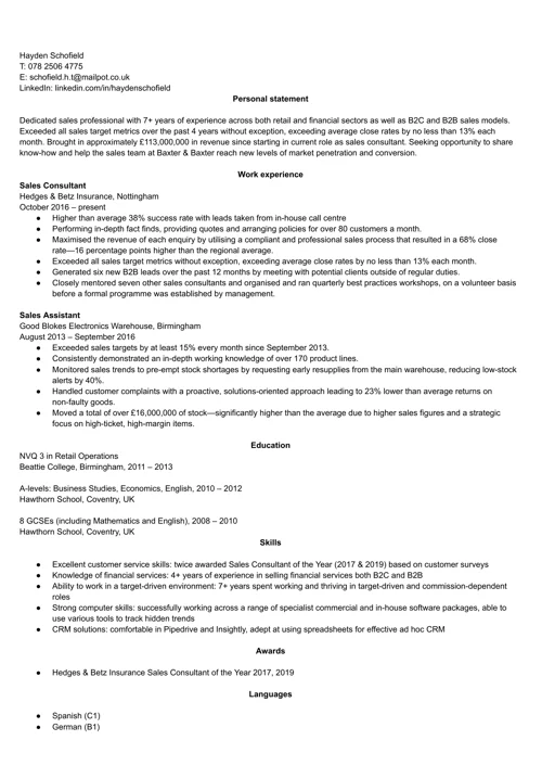 Sales CV example