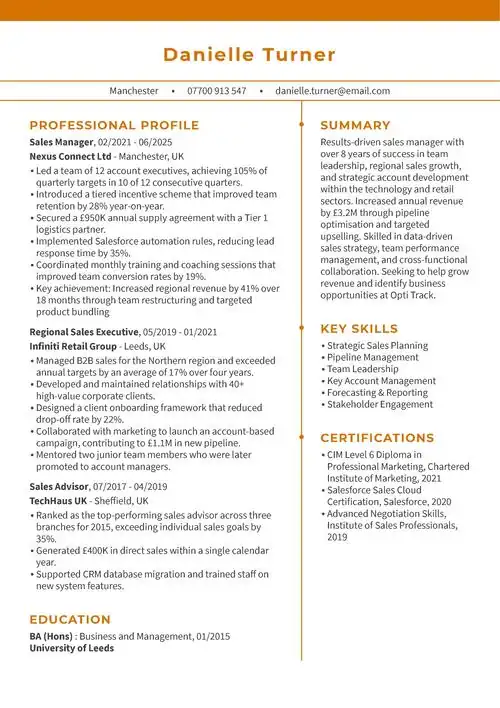 Sales Manager CV Example
