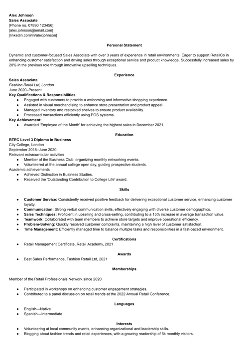 sales associate CV example