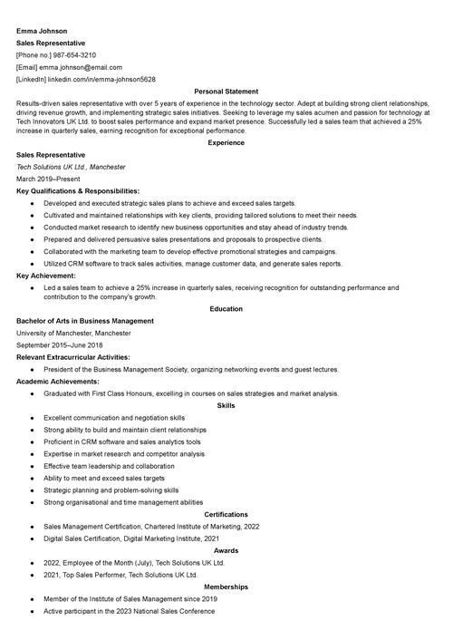 sales representative CV example