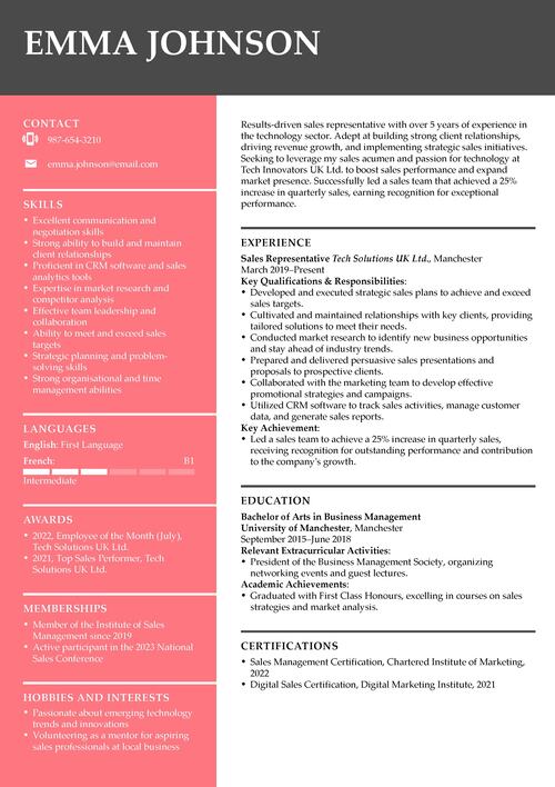 sales representative CV example