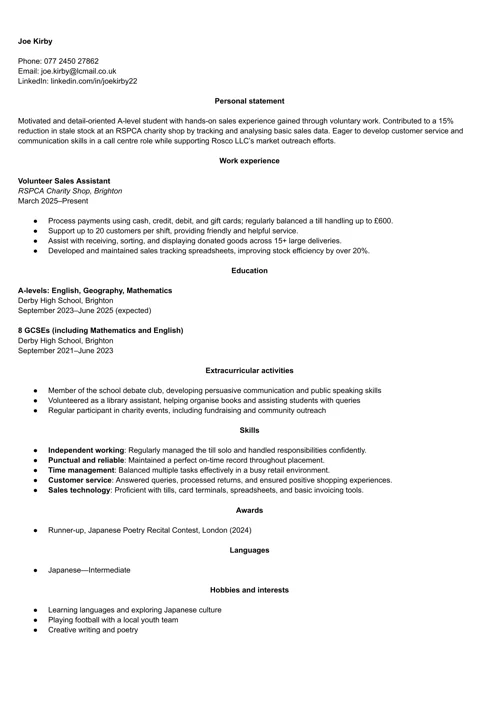 school leaver CV sample