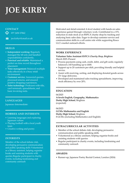 school leaver CV sample