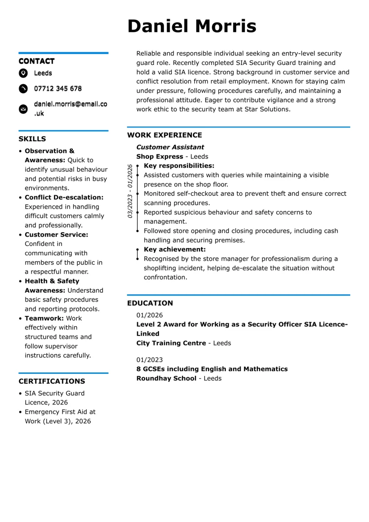 CV for a security guard with no experience example by LiveCareer UK CV builder