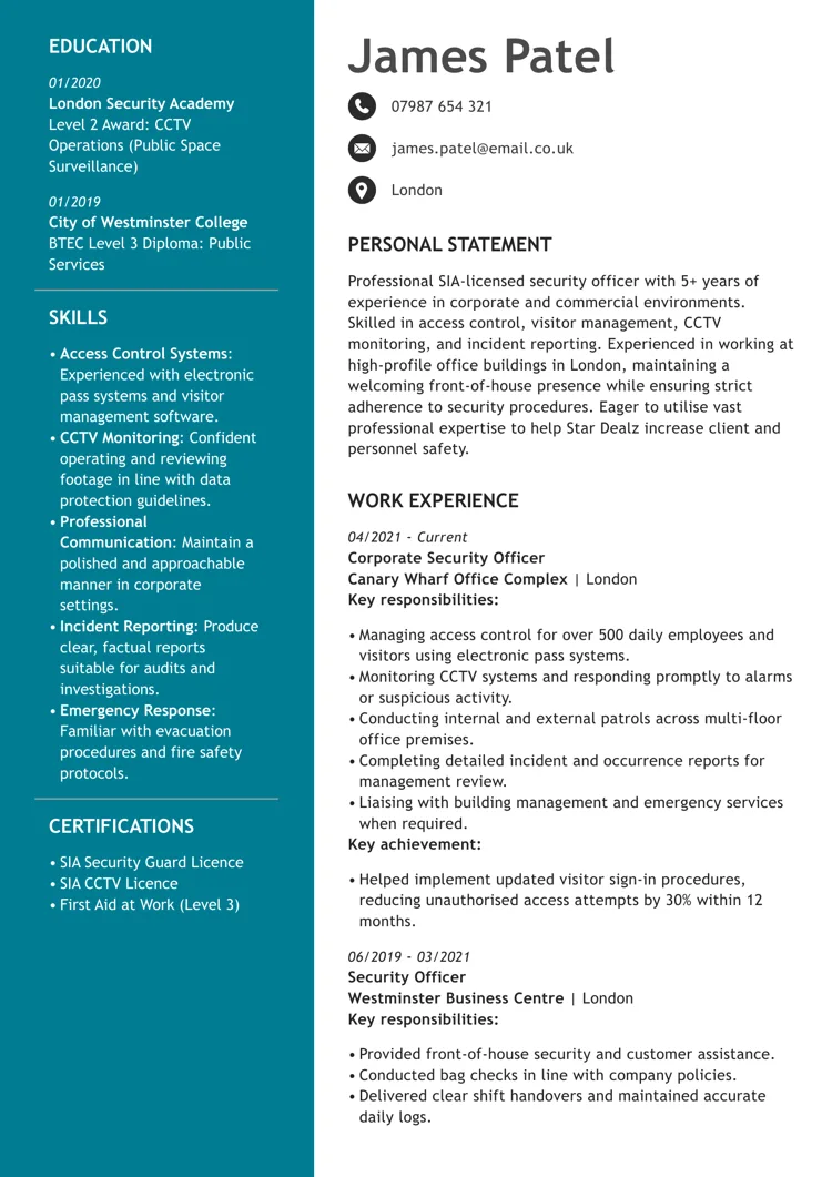 corporate security officer CV example by LiveCareer UK CV builder
