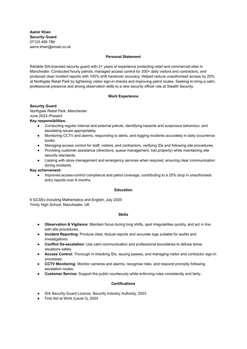 Security officer CV example