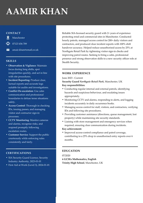 Security officer CV example