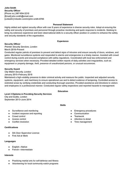 security officer CV example