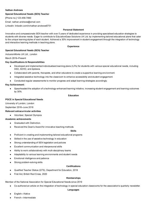 SEN teacher CV example