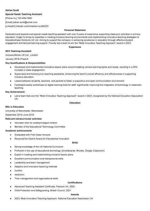 SEN teaching assistant CV example