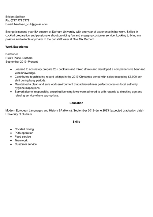 one page cv