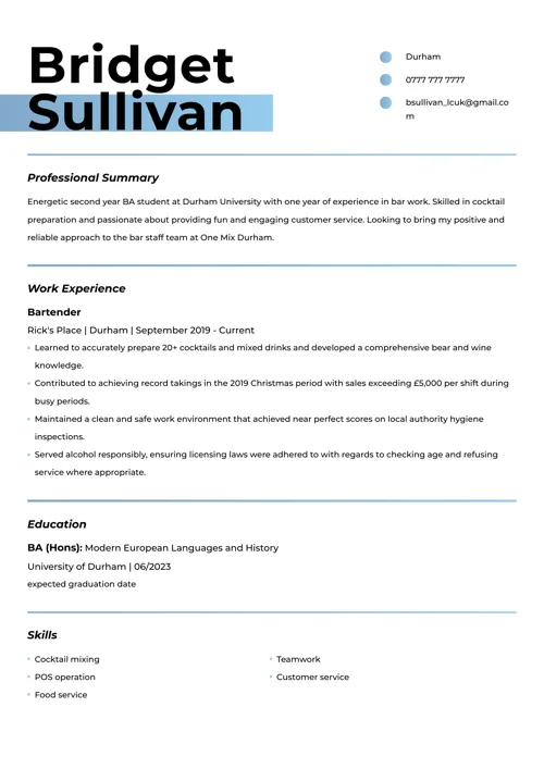 one page cv