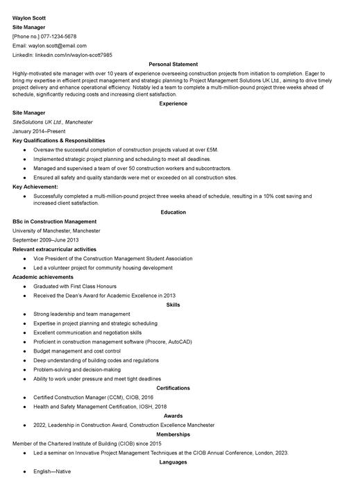 site manager CV example