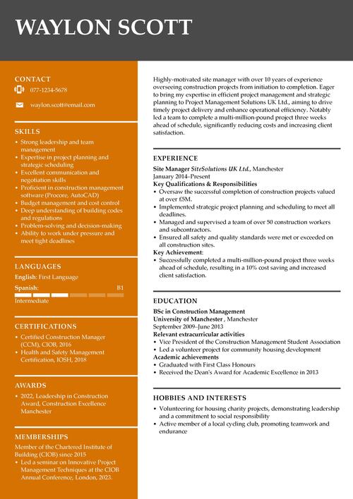 site manager CV example