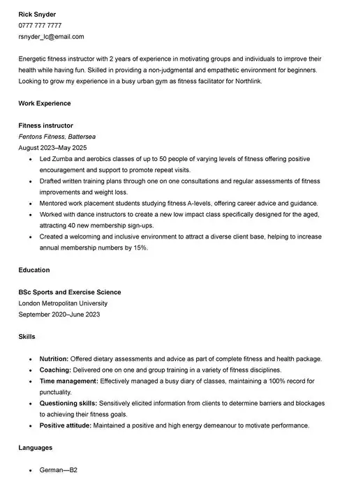 CV example featuring soft skills