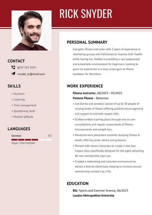 CV example featuring soft skills