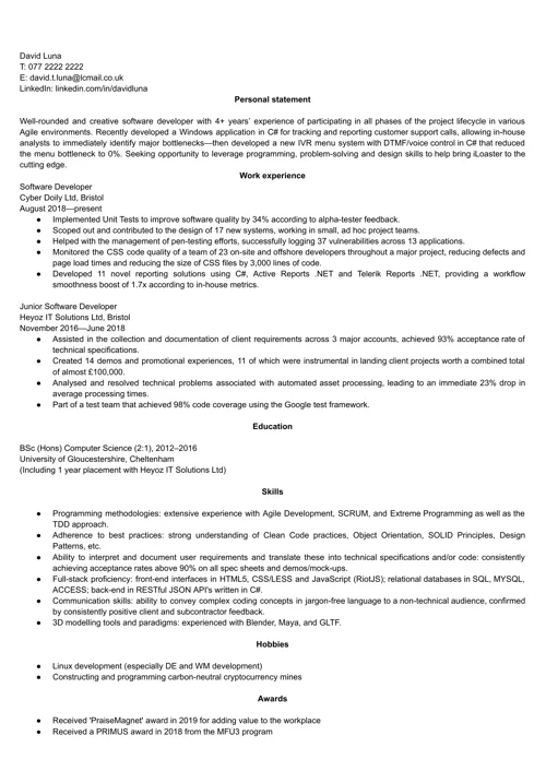 Software developer CV example