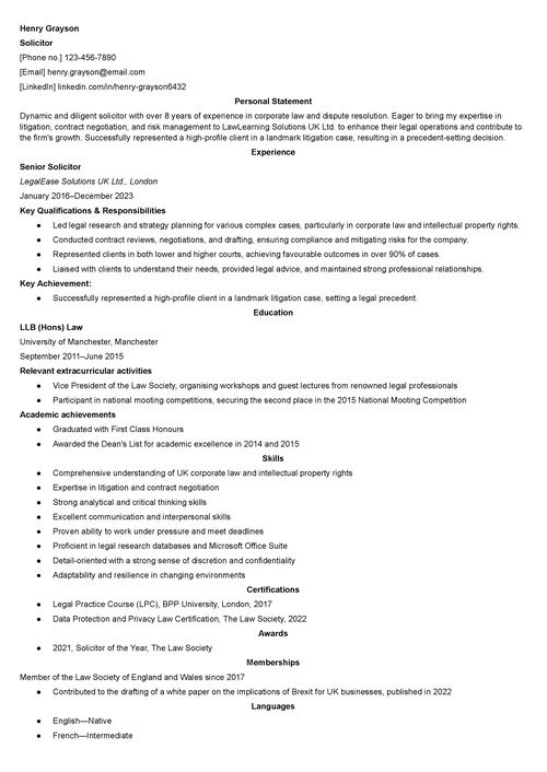 solicitor CV example