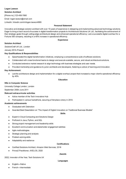 solutions architect CV example