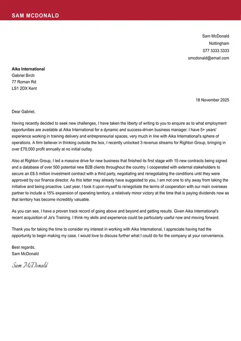 speculative cover letter example