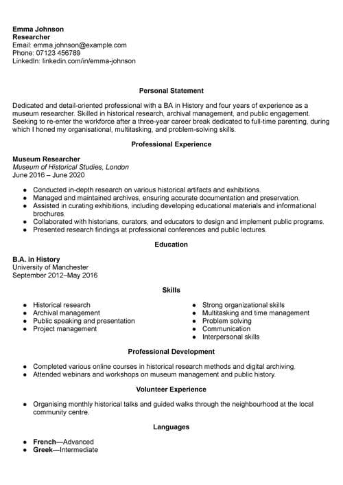 stay-at-home mum CV example