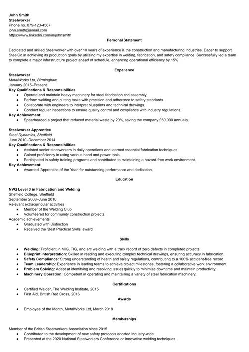 steelworker CV example