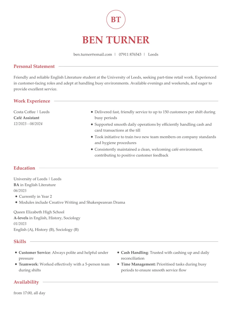 Sample CV for a student for a part-time job